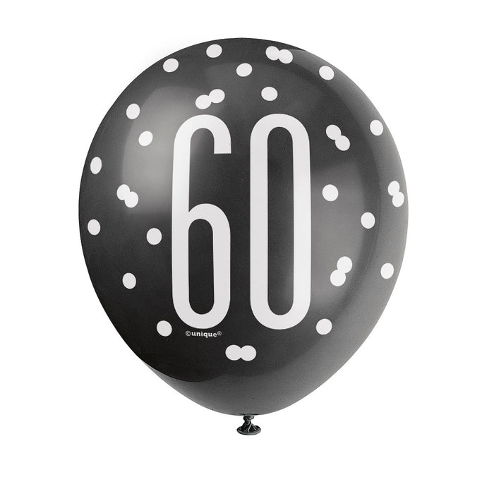 60 Birthday Glitz Black and Silver Balloons x 6