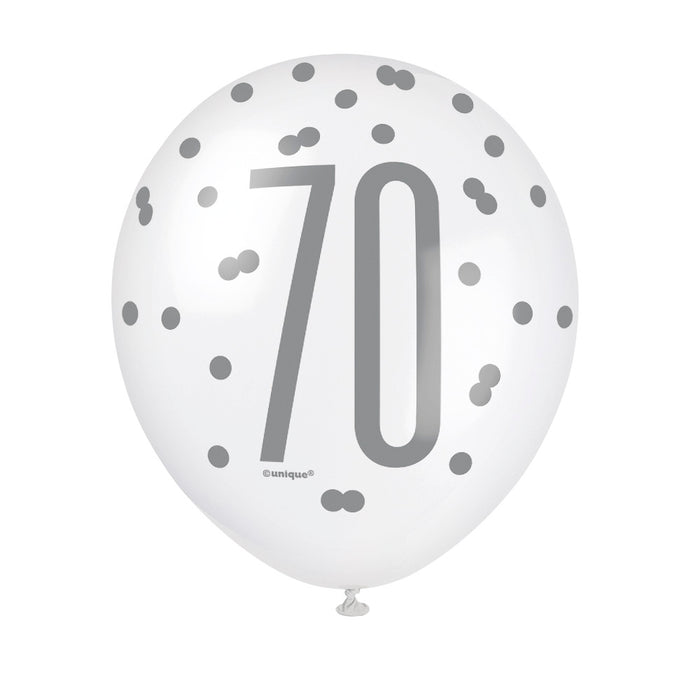 70 Birthday Glitz Black and Silver Balloons x 6