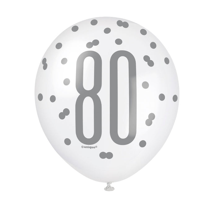 80 Birthday Glitz Black and Silver Balloons x 6