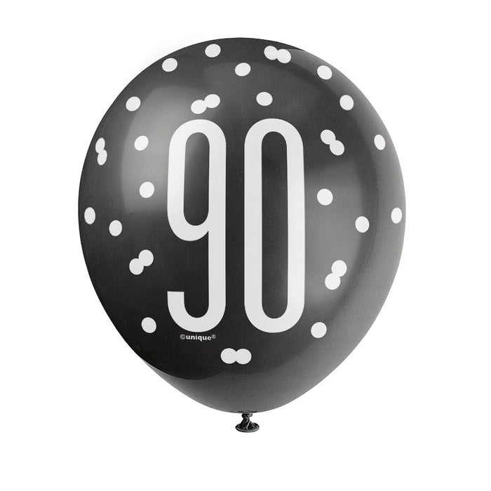 90 Birthday Glitz Black and Silver Balloons x 6
