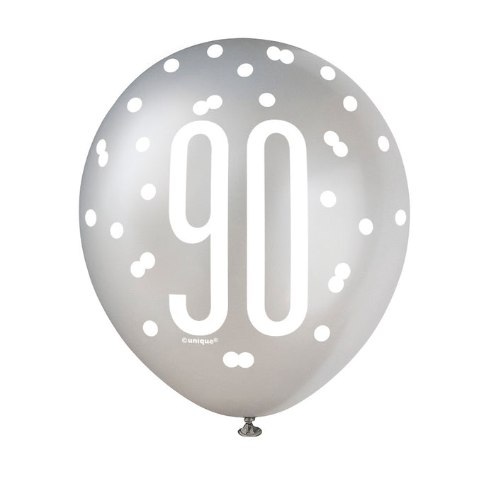 90 Birthday Glitz Black and Silver Balloons x 6