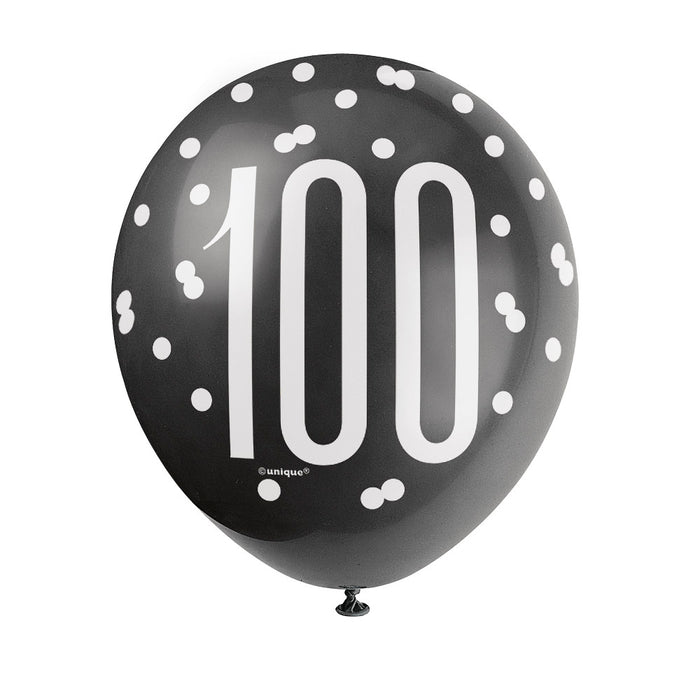 100 Birthday Glitz Black and Silver Balloons x 6