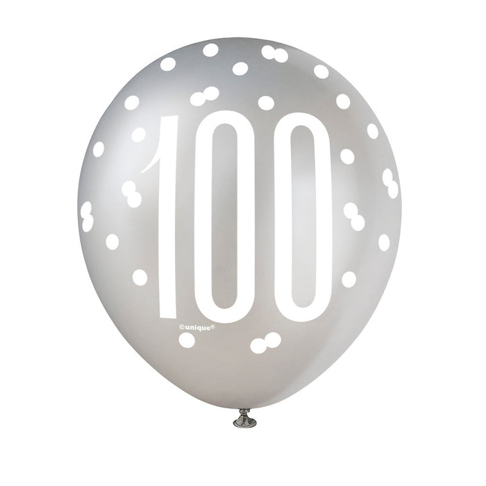100 Birthday Glitz Black and Silver Balloons x 6