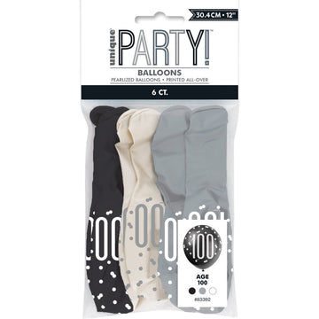 100 Birthday Glitz Black and Silver Balloons x 6
