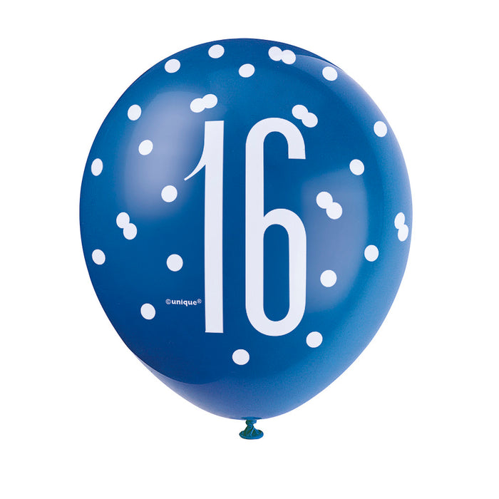 16 Birthday Glitz Blue and White Balloons x 6