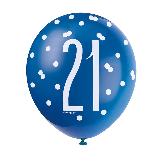 21 Birthday Glitz Blue and White Balloons x 6