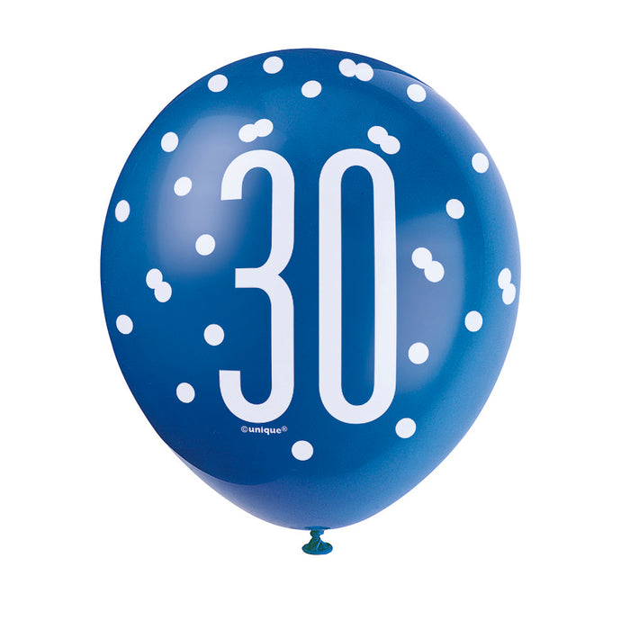 30 Birthday Glitz Blue and White Balloons x 6