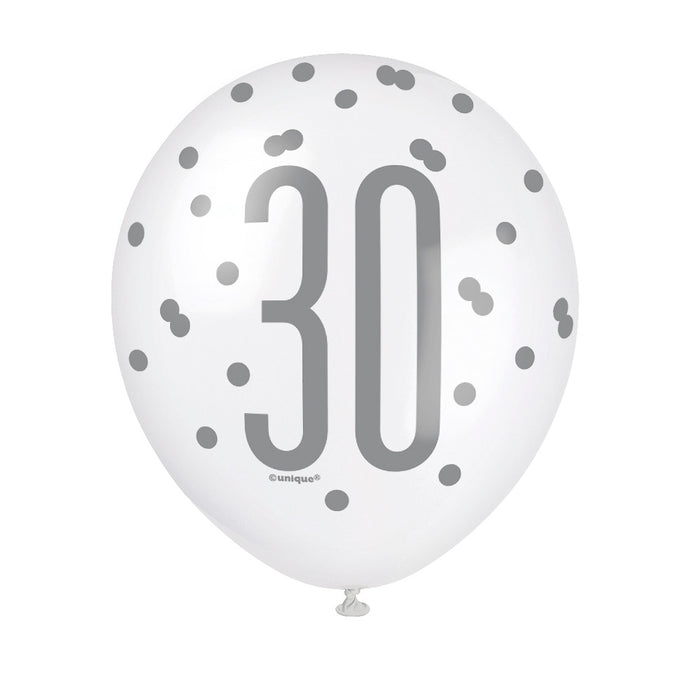 30 Birthday Glitz Blue and White Balloons x 6