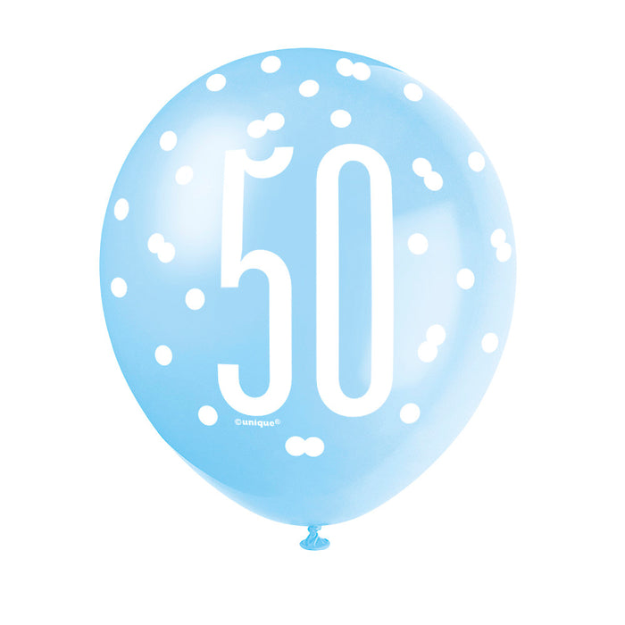 50 Birthday Glitz Blue and White Balloons x 6