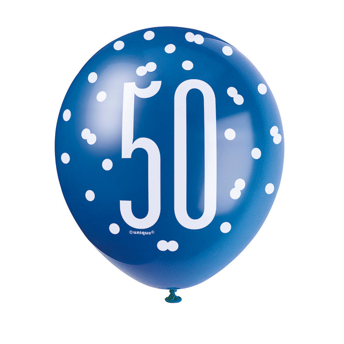 50 Birthday Glitz Blue and White Balloons x 6