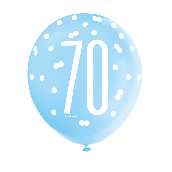 70 Birthday Glitz Blue and White Balloons x 6