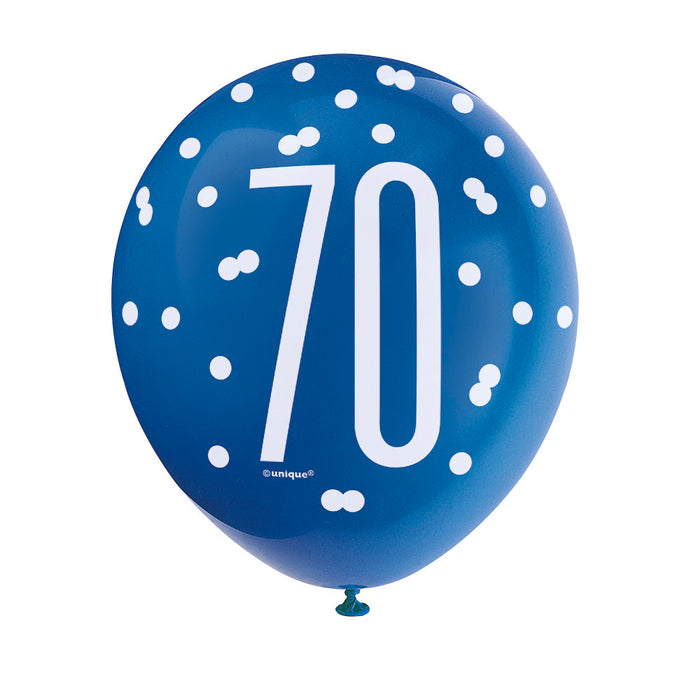 70 Birthday Glitz Blue and White Balloons x 6