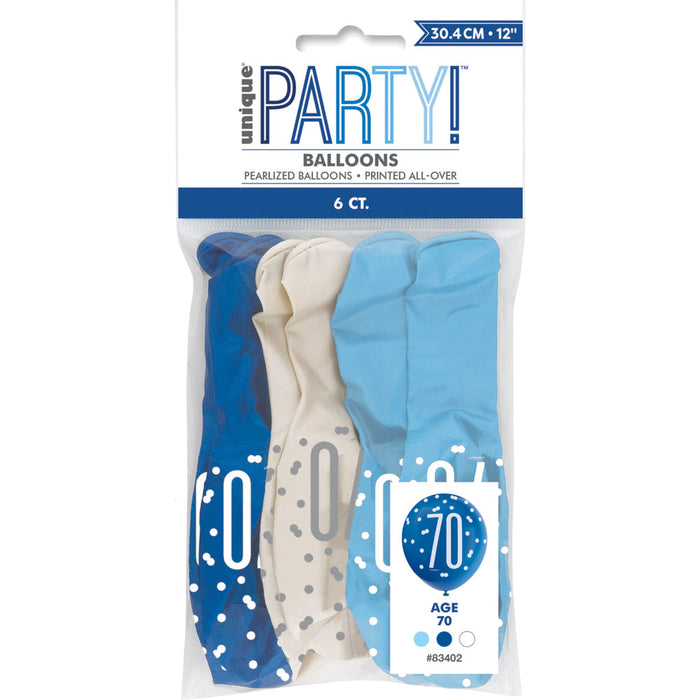 70 Birthday Glitz Blue and White Balloons x 6