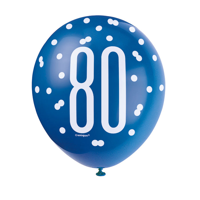 80 Birthday Glitz Blue and White Balloons x 6
