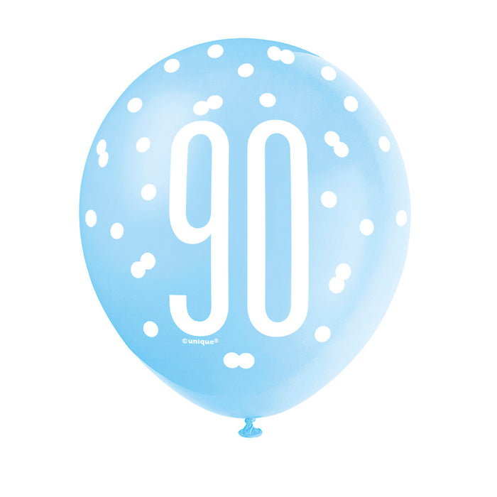 90 Birthday Glitz Blue and White Balloons x 6