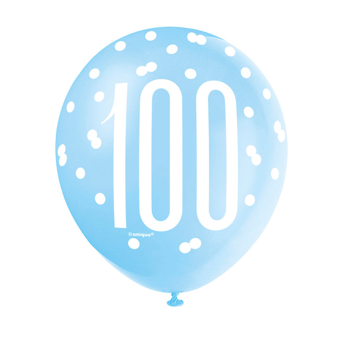 100 Birthday Glitz Blue and White Balloons x 6