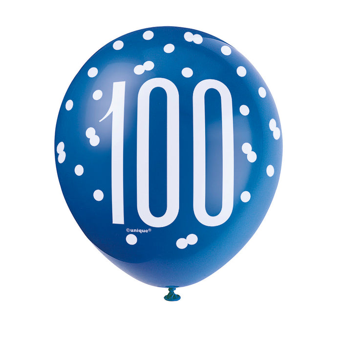 100 Birthday Glitz Blue and White Balloons x 6