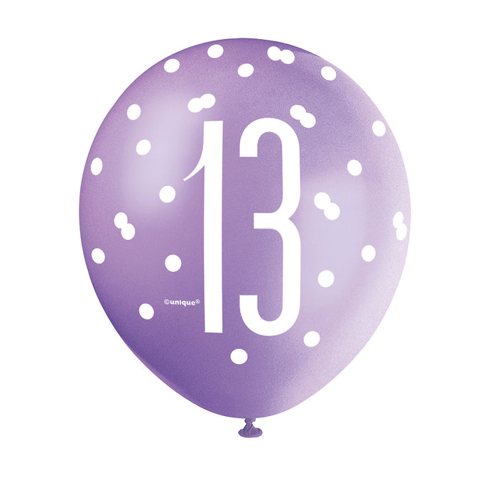13 Birthday Glitz Pink, Lavender and White Balloons x 6