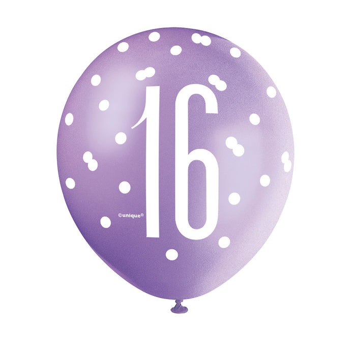 16 Birthday Glitz Pink, Lavender and White Balloons x 6