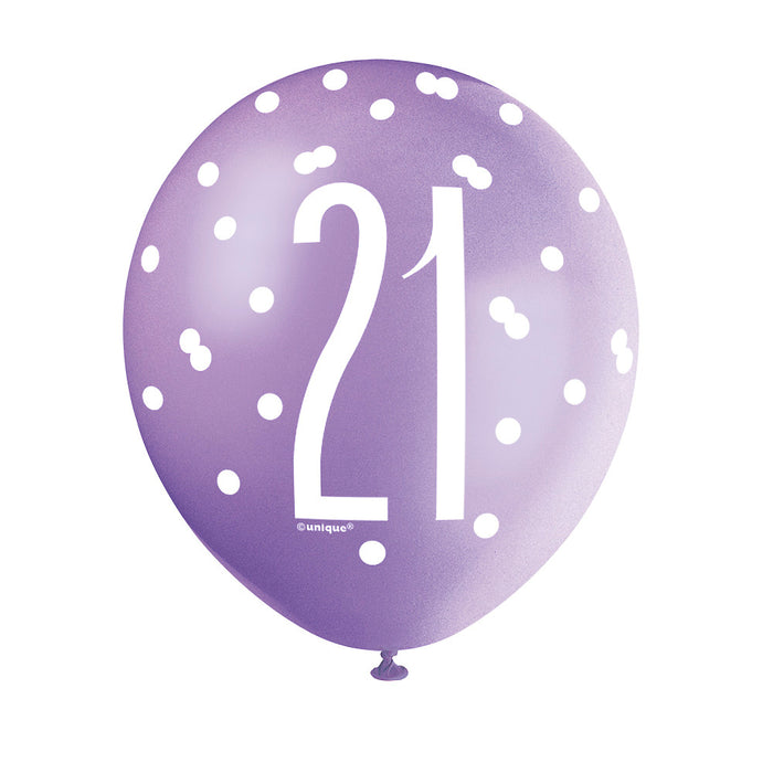 21 Birthday Glitz Pink, Lavender and White Balloons x 6