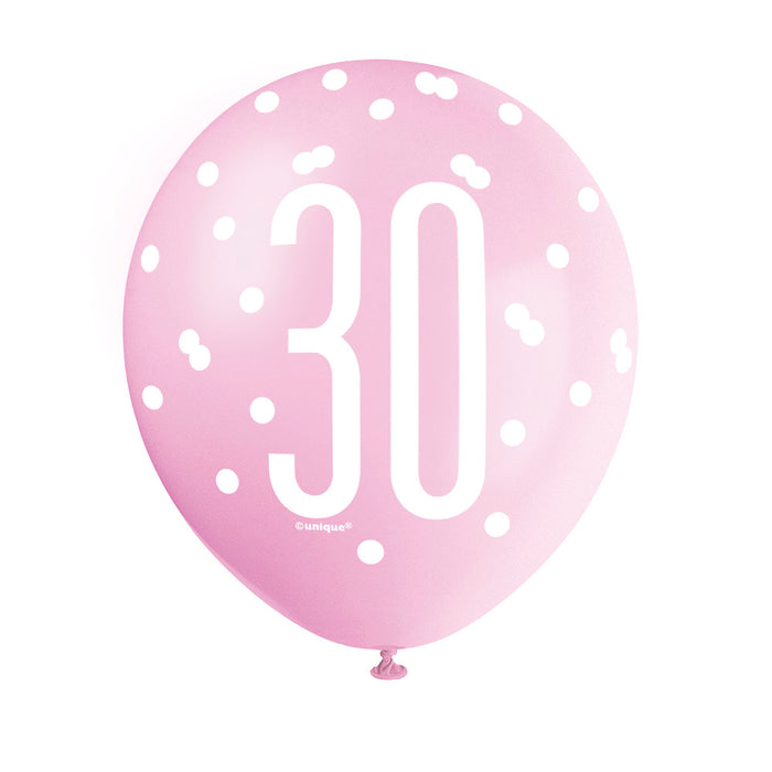 30 Birthday Glitz Pink, Lavender and White Balloons x 6