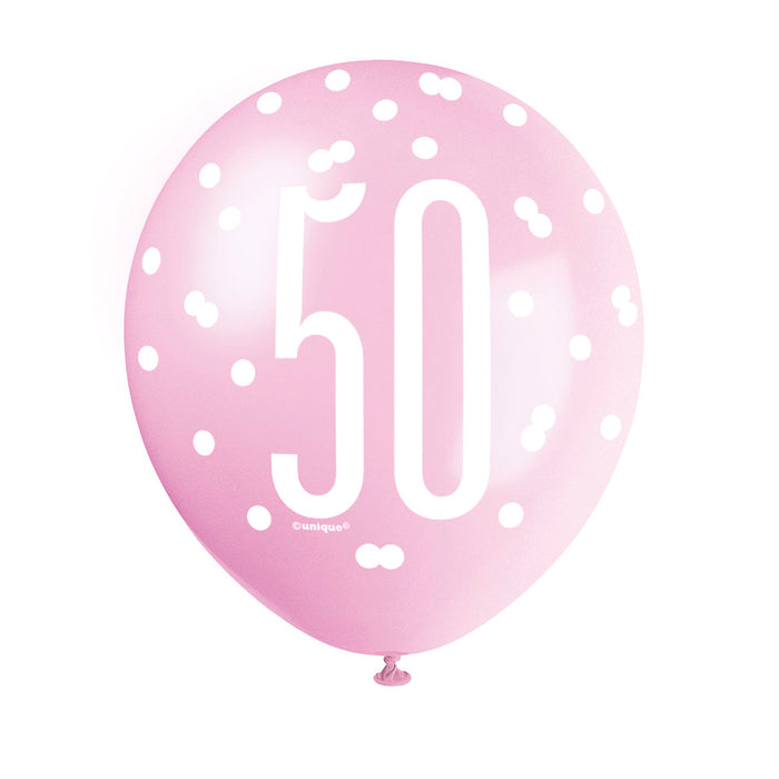 50 Birthday Glitz Pink, Lavender and White Balloons x 6