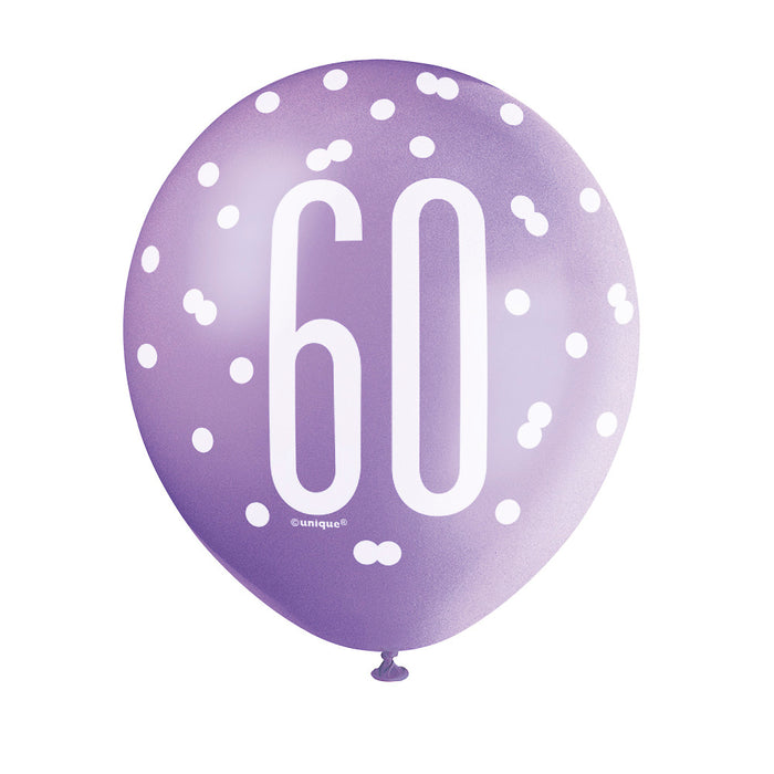60 Birthday Glitz Pink, Lavender and White Balloons x 6