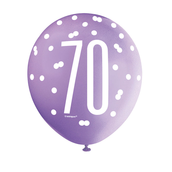 70 Birthday Glitz Pink, Lavender and White Balloons x 6