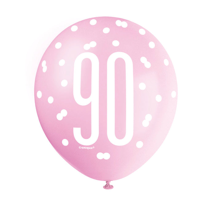 90 Birthday Glitz Pink, Lavender and White Balloons x 6