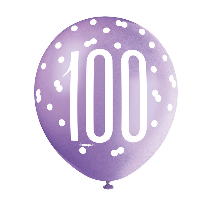100 Birthday Glitz Pink, Lavender and White Balloons x 6