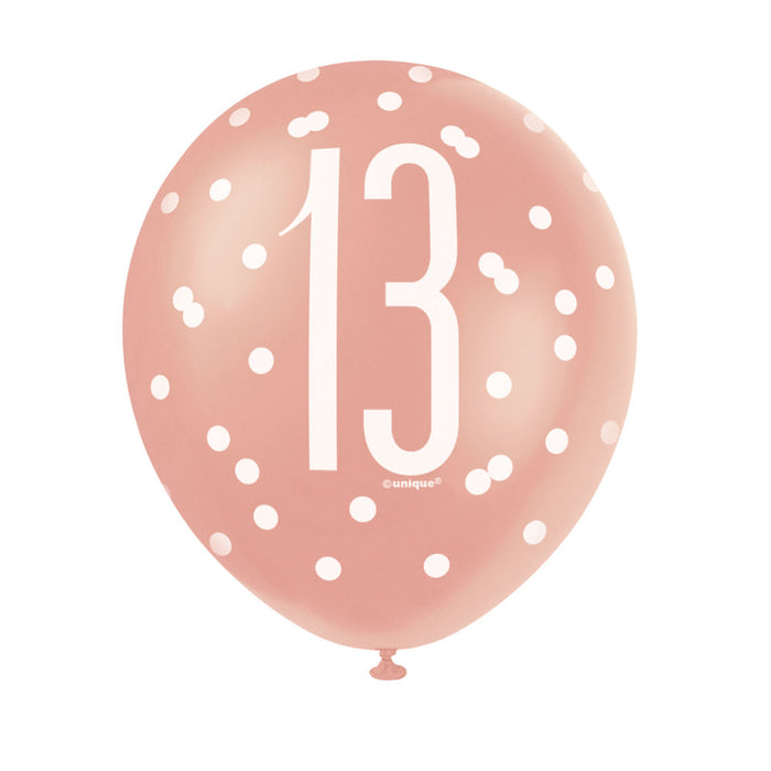 13 Birthday Glitz Rose Gold Balloons x 6