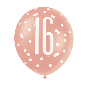 16 Birthday Glitz Rose Gold Balloons x 6