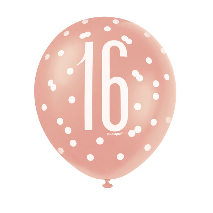16 Birthday Glitz Rose Gold Balloons x 6