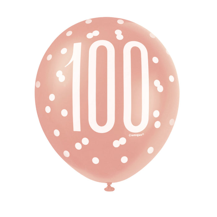 100 Birthday Glitz Rose Gold Balloons x 6