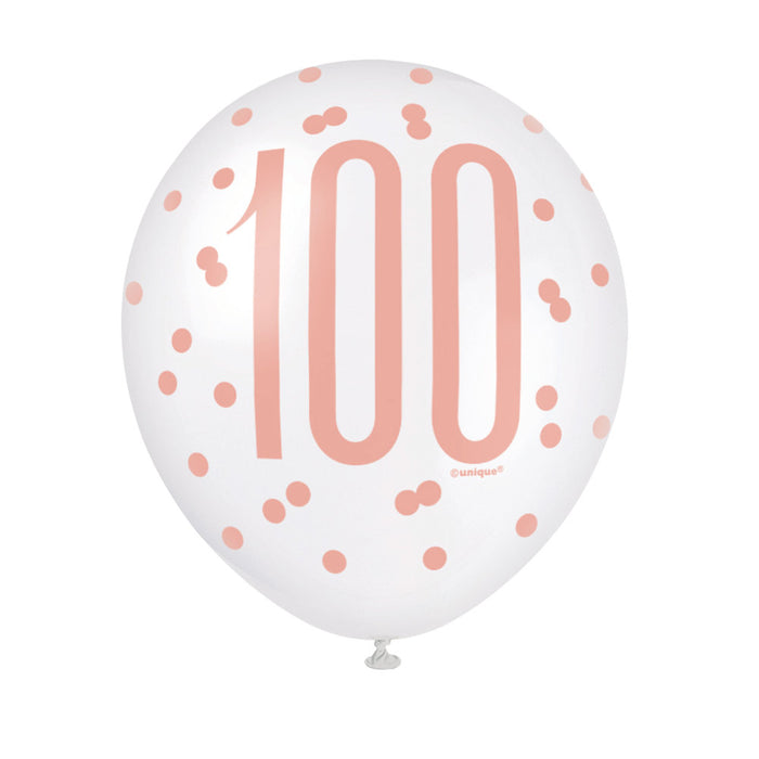 100 Birthday Glitz Rose Gold Balloons x 6