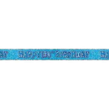 9ft Banner Happy 100th Birthday Blue Holographic
