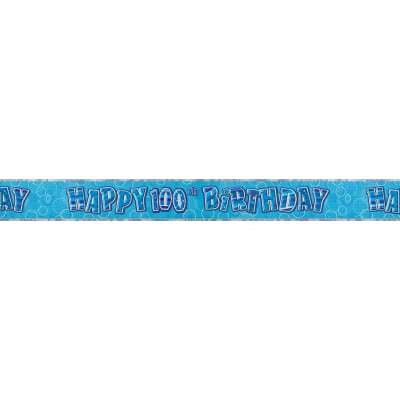 9ft Banner Happy 100th Birthday Blue Holographic - Sweets 'n' Things