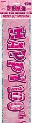 9ft Banner Happy 100th Birthday Pink Holographic