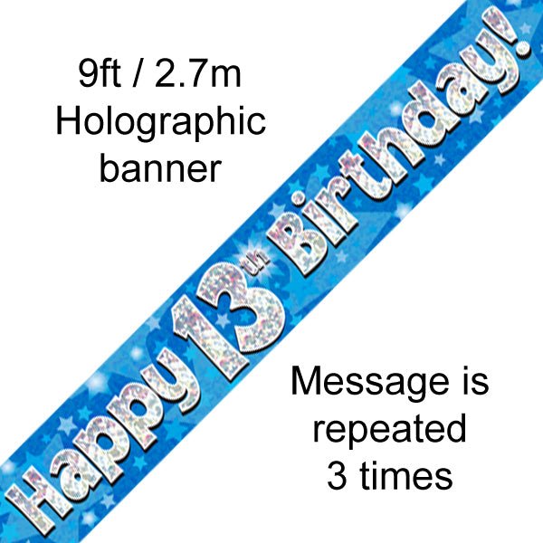 9ft Banner Happy 13th Birthday Blue holographic - Sweets 'n' Things