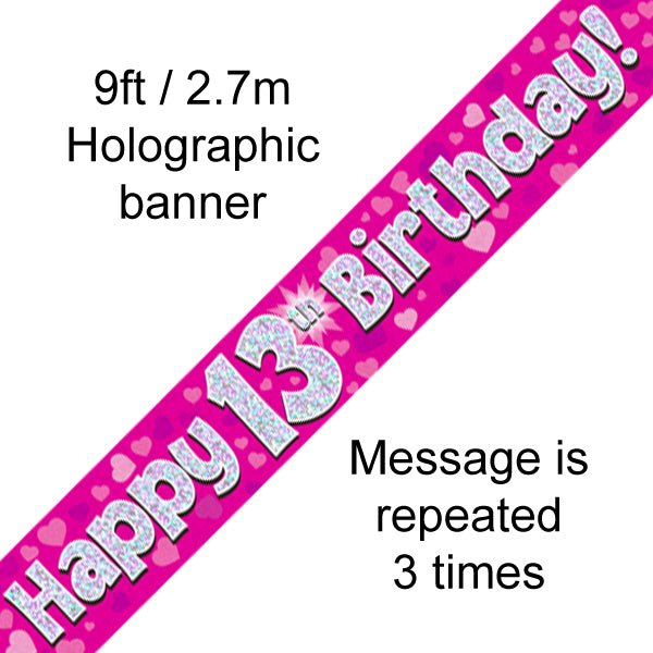 9ft Banner Happy 13th Birthday Pink holographic - Sweets 'n' Things