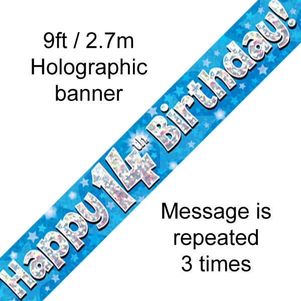 9ft Banner Happy 14th Birthday Blue Holographic - Sweets 'n' Things
