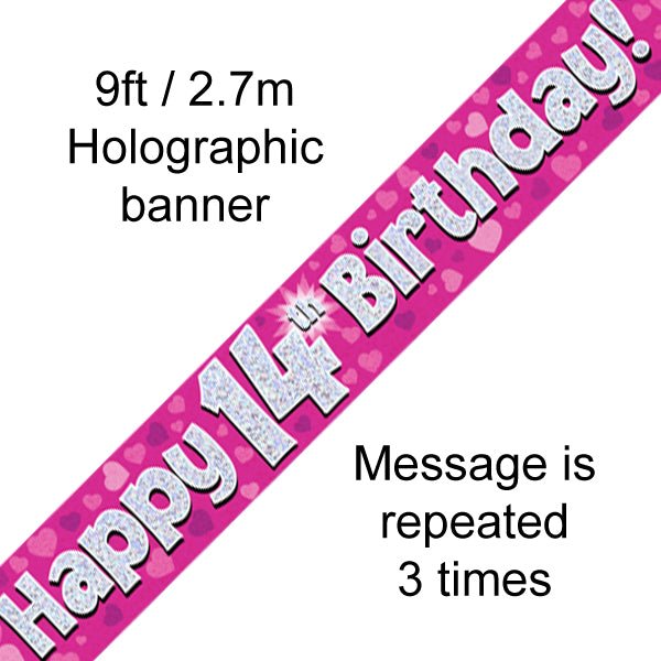 9ft Banner Happy 14th Birthday Pink Holographic - Sweets 'n' Things