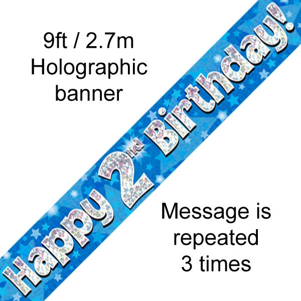 9ft Banner Happy 2nd Birthday Blue holographic - Sweets 'n' Things