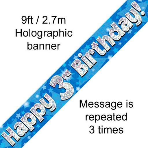 9ft Banner Happy 3rd Birthday Blue holographic - Sweets 'n' Things