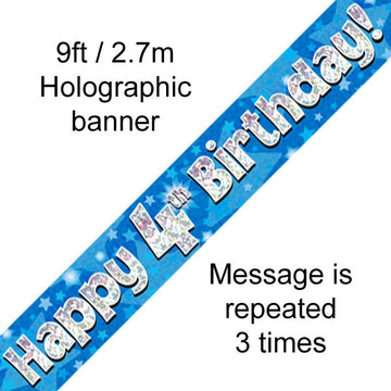 9ft Banner Happy 4th Birthday Blue holographic