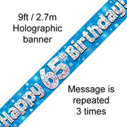 9ft Banner Happy 65th Birthday Blue Holographic - Sweets 'n' Things