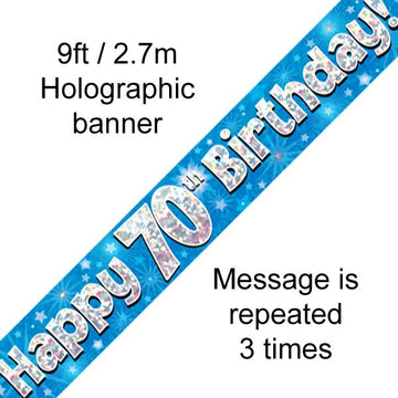 9ft Banner Happy 70th Birthday Blue Holographic