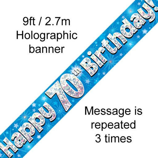 9ft Banner Happy 70th Birthday Blue Holographic - Sweets 'n' Things