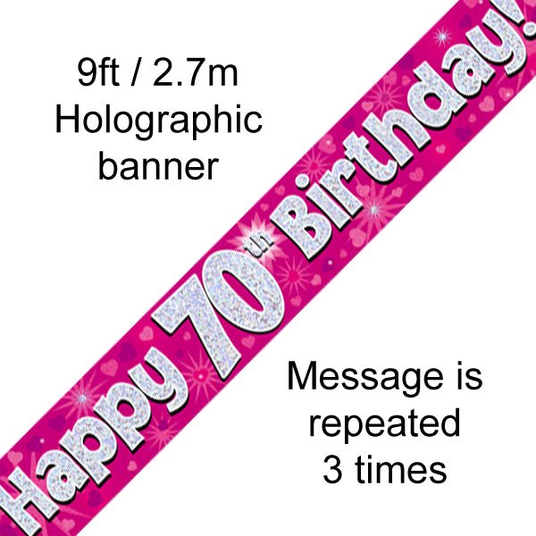 9ft Banner Happy 70th Birthday Pink Holographic - Sweets 'n' Things