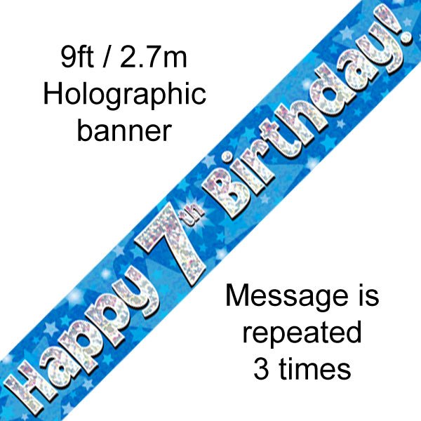 9ft Banner Happy 7th Birthday Blue holographic - Sweets 'n' Things